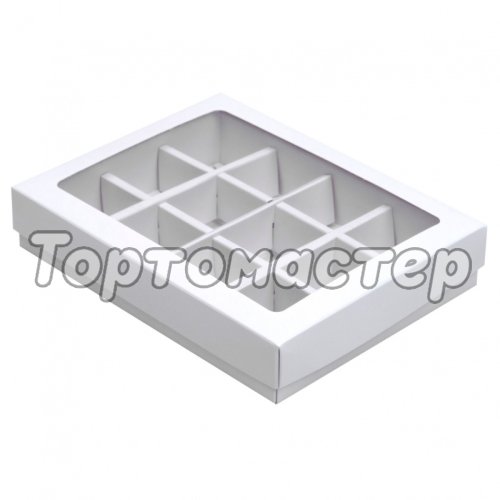 Коробка на 12 конфет с окном белая 19х15х3,6 см КУ-177 