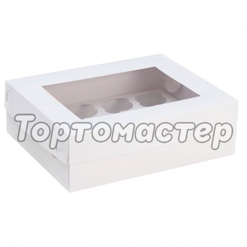 Коробка на 12 капкейков с окном белая 32х25х10 см КУ-117 