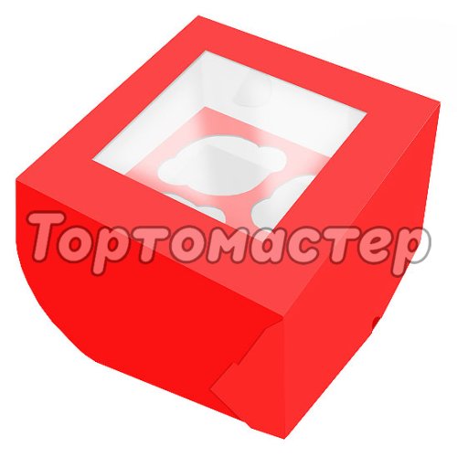 Коробка на 4 капкейка с окошком Красная 16х16х10 см КУ-001