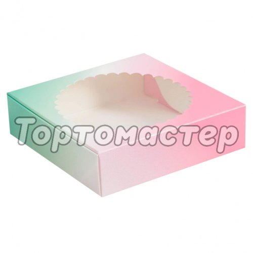 Коробка для печенья/конфет с окном Розово-зелёная 11,5х11,5х3 см КУ-199