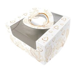 Коробка для бенто-торта с окном и ручкой "Золотые сердечки" 14х14х8 см КУ-793
