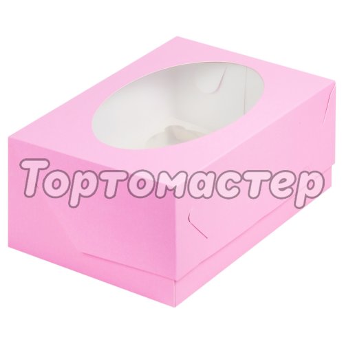 Коробка на 6 капкейков Розовая Матовая с окном