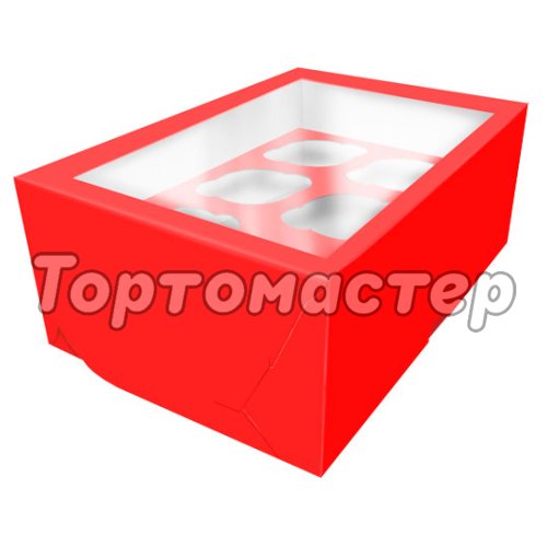 Коробка на 6 капкейков с окном красная 25х17х10 см КУ-081