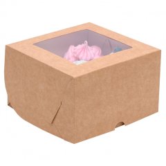 Коробка на 4 капкейка с окошком Крафт 16х16х10 см КУ-075