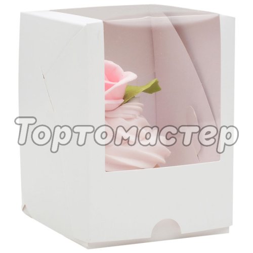 Коробка на 1 капкейк с окном белая 9,5х9,5х12,5 см КУ-042