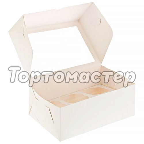 Коробка на 6 капкейков Белая с окном 25х17х10 см