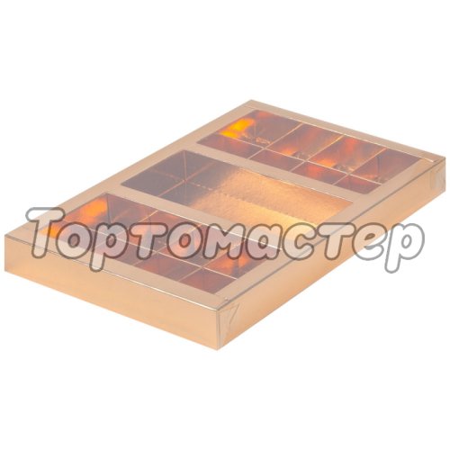 Коробка на 16 конфет и шоколадную плитку с прозрачной крышкой золото 050371