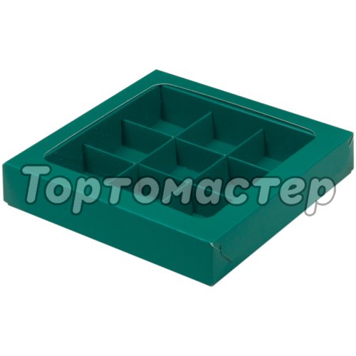 Коробка на 9 конфет с окном матовая зелёная 050180 ф